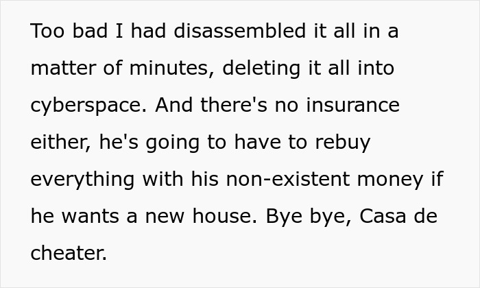 Text excerpt discussing deleting digital assets, no insurance, and consequences for a man who cheated on his girlfriend in RuneScape. - 47