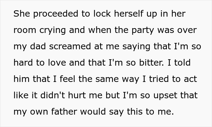 Text excerpt showing emotional family conflict related to an embarrassing step mother relationship affair.