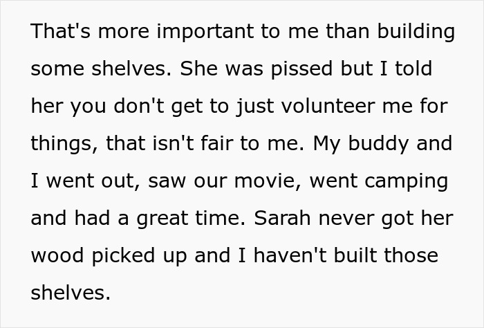 Man refuses free labor after girlfriend volunteers him, causing tension and highlighting boundaries in their relationship.