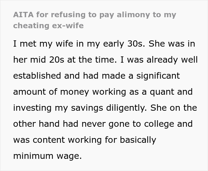 Text excerpt about a man refusing to pay alimony to his cheating ex-wife after her affair disrupts their lifestyle.