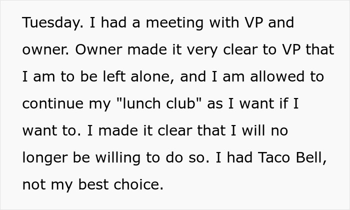 Text excerpt discussing a workplace lunch club conflict and entitlement leading to tension with the police.