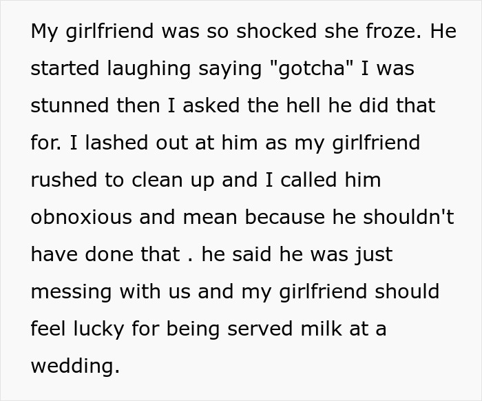 Text describing a groom pranking his brother-in-law’s girlfriend during a wedding, causing shock and upset.
