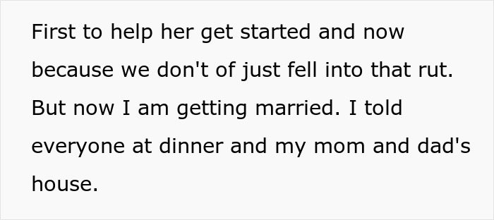 Text excerpt discussing a sister refusing to plan a wedding and facing demotion as a guest at family events.