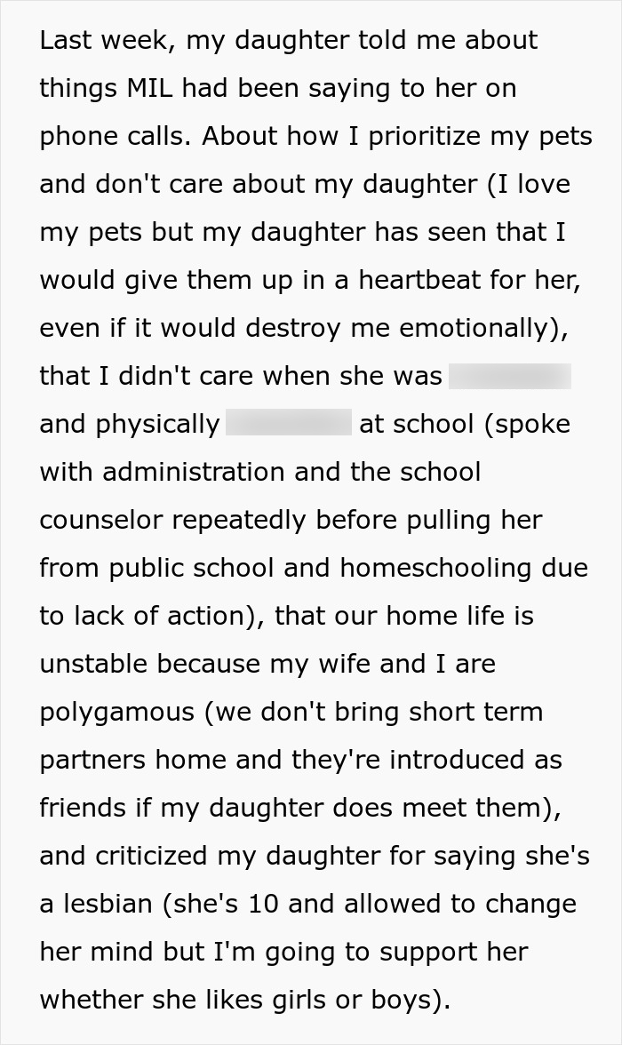Text excerpt discussing MIL and FIL criticizing family lifestyle and granddaughter&rsquo;s lesbian identity amid homeschooling and polygamous home life.