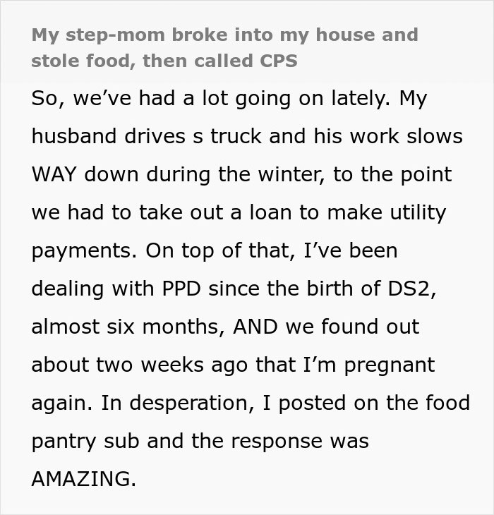 Text excerpt about a couple suspecting wife's step-mom of stealing their food, prompting a CPS involvement.
