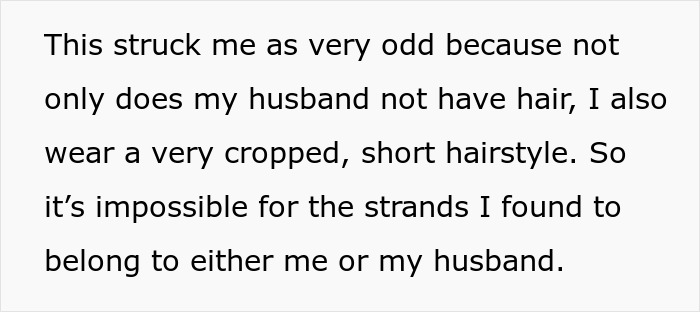 Text excerpt describing a suspicious husband noticing long hairs in the shower, raising doubts about fidelity.