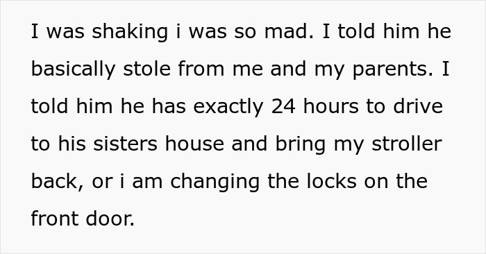 Text message expressing anger after discovering stroller was gifted without discussion, highlighting mom-to-be shock.