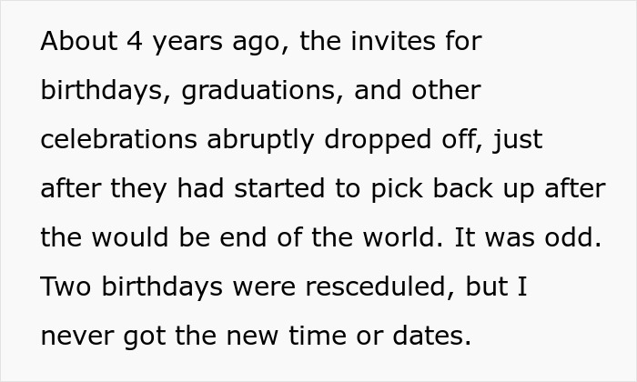 Text excerpt describing a drop-off in birthday and celebration invites, illustrating child out of spite behavior. Text excerpt describing a drop-off in birthday and celebration invites, illustrating child out of spite behavior.