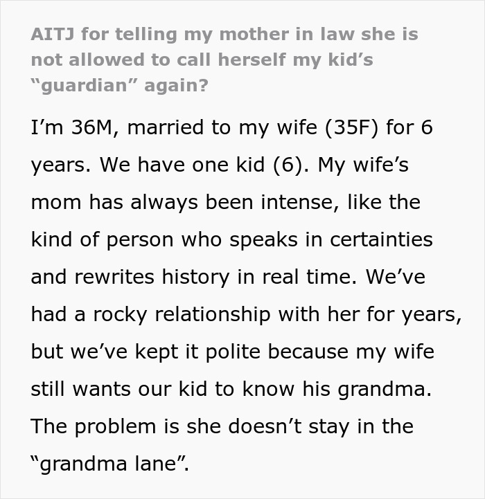 Man explains conflict with granny pretending to be kid&rsquo;s guardian, describing toxicity and family tension over roles.