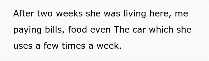 Text on white background stating a woman pays bills, food, and shares car use while her sister lives with her.