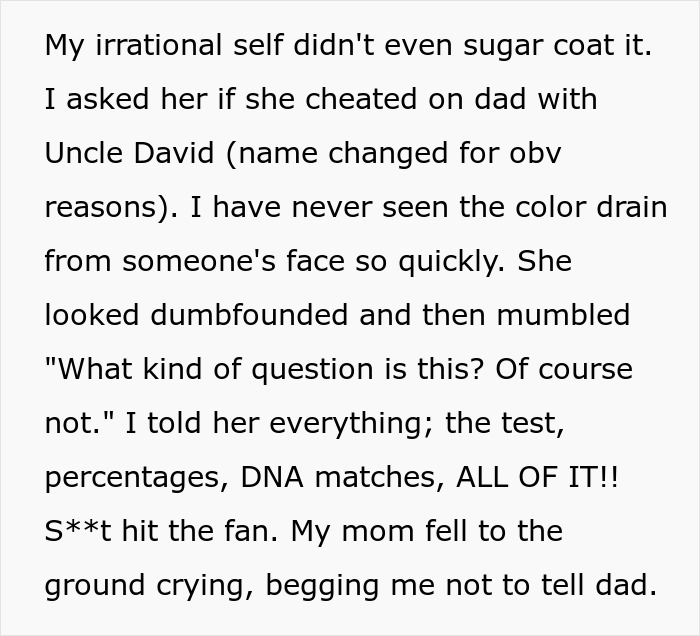 Text excerpt describing family chaos after a DNA test reveals uncle is actually the father, causing emotional distress.