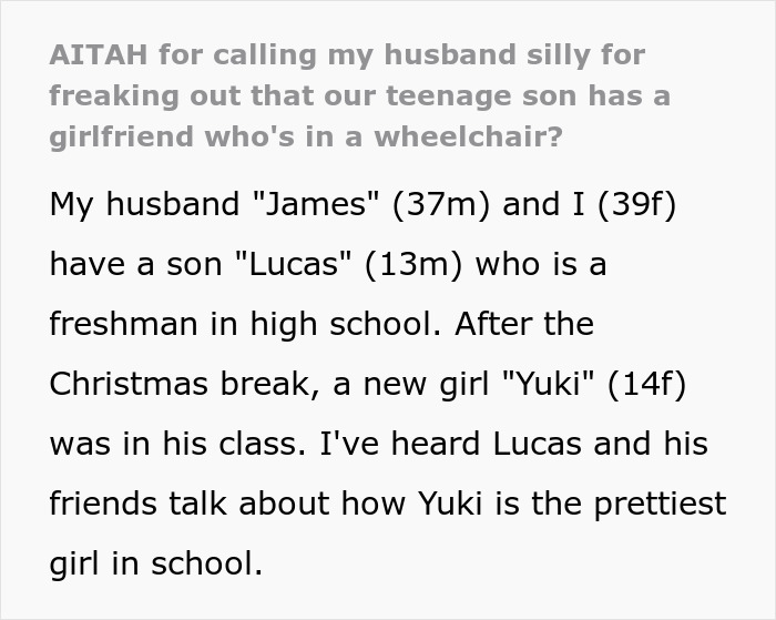 Text excerpt about an ableist dad worried about his 13-year-old son&rsquo;s future who is in love with a wheelchair user.