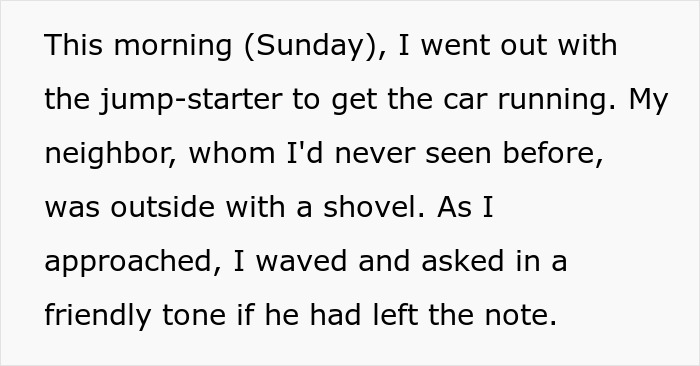 Man with jump-starter tries to get car running while neighbor shovels snow, refusing to move vehicle for a snow-free parking spot. Man with jump-starter tries to get car running while neighbor shovels snow, refusing to move vehicle for a snow-free parking spot.