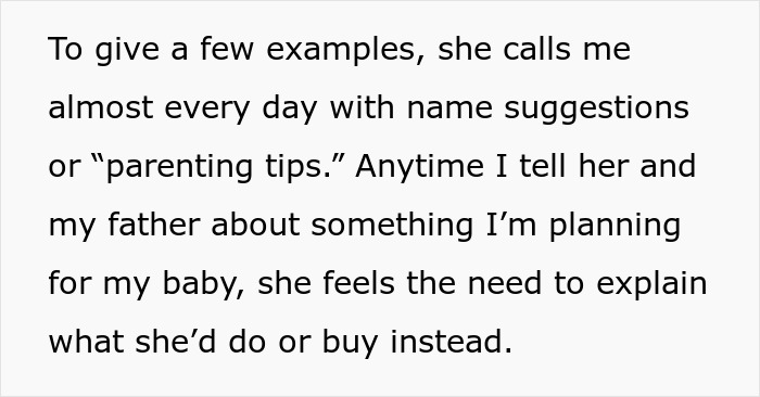 Text excerpt showing a daughter describing her dad's girlfriend’s baby fever as she overloads with pregnancy advice and name suggestions.