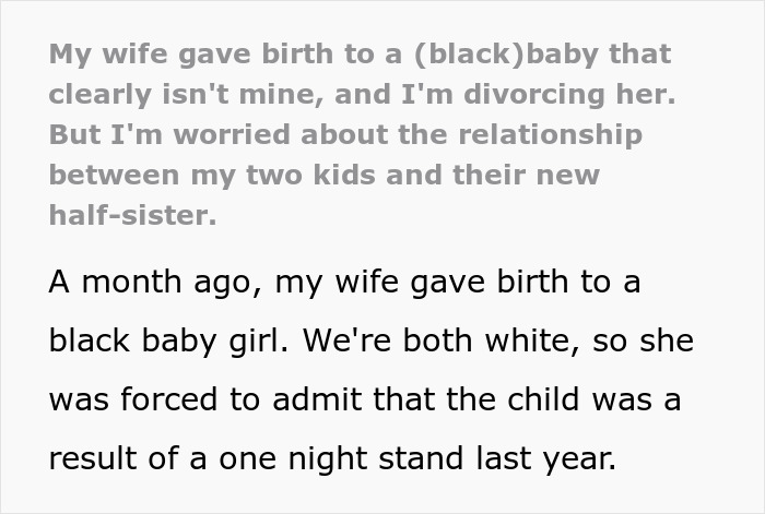 Text showing a husband revealing his wife&rsquo;s secret after she gave birth to a black child, fearing divorce and family impact.