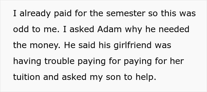 Text message describing a son paying for tuition while drama unfolds over last name and time with bio dad.