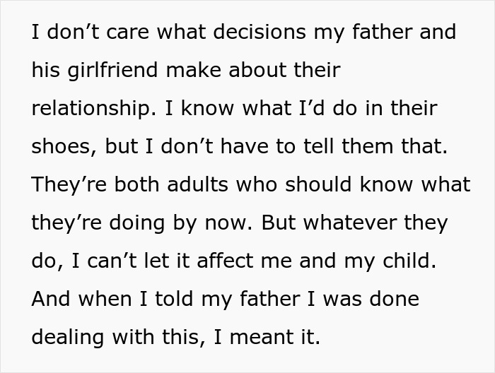 Text excerpt about daughter's feelings toward dad's girlfriend and her baby fever, expressing horror and concern.