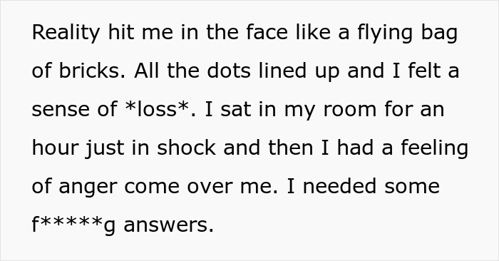 Text excerpt showing emotional reaction to one DNA test causing major family chaos and shocking realization of uncle being dad.