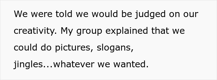 Text excerpt about creativity and group explaining options for pictures, slogans, and jingles in a creative exercise.