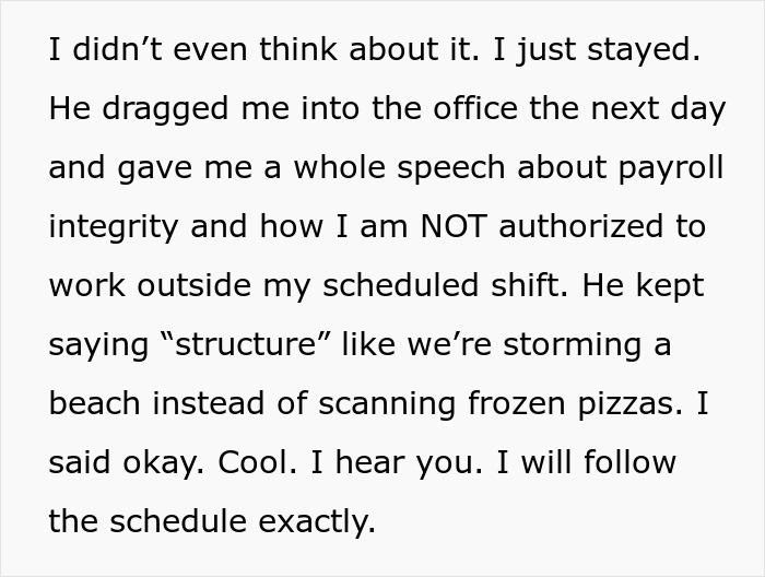 Text excerpt showing a cashier being told by manager not to work overtime and agreeing to follow schedule during crisis.