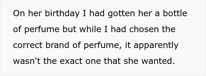 Text about woman upset because boyfriend likes gift she gave, expecting him to dump her, reflecting relationship tension.
