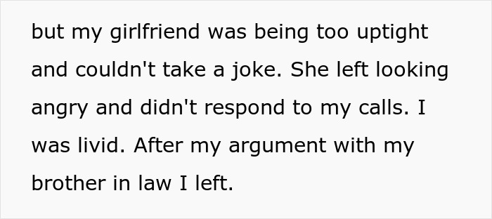 Text excerpt showing an argument involving a groom pranking his brother-in-law’s girlfriend during a wedding event.