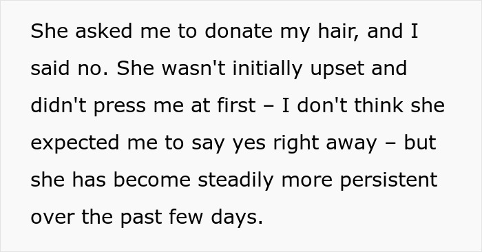 Text discussing a lady expecting her friend to cut long hair for her sister&rsquo;s wig and getting mad after refusal.