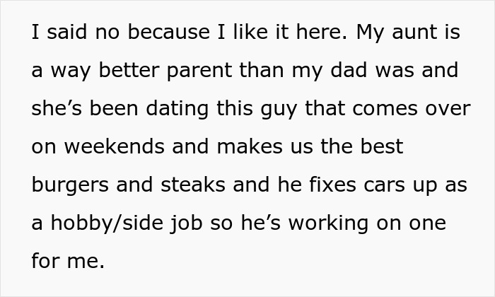 Text excerpt about daughter feeling better with aunt than dad after family changes, relating to dad choosing new family.
