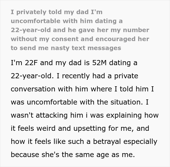 Woman Tells Dad She’s Not OK With Him Dating A 22YO, He Recruits Her To Harass The Daughter Woman Tells Dad She’s Not OK With Him Dating A 22YO, He Recruits Her To Harass The Daughter