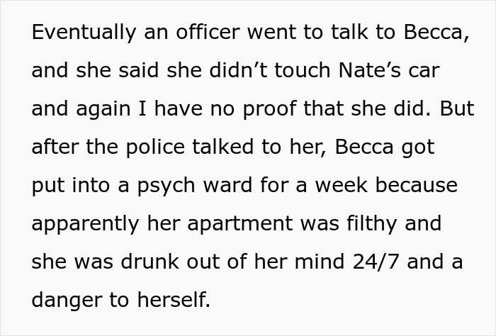 Text excerpt describing a woman put in a psych ward after her boyfriend denies cheating and her best friend confesses.