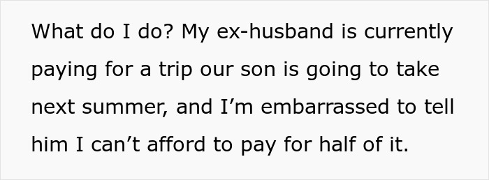 Woman panics after partner making five times her salary leaves son without ski pass causing financial and emotional stress.