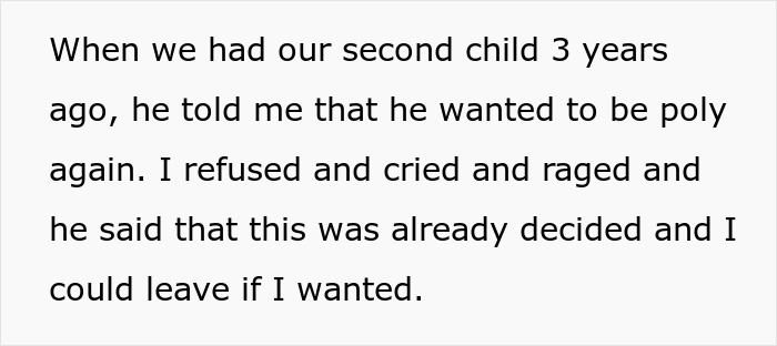 Text excerpt about a woman reflecting on her experience with polyamory after three years of relationship challenges.