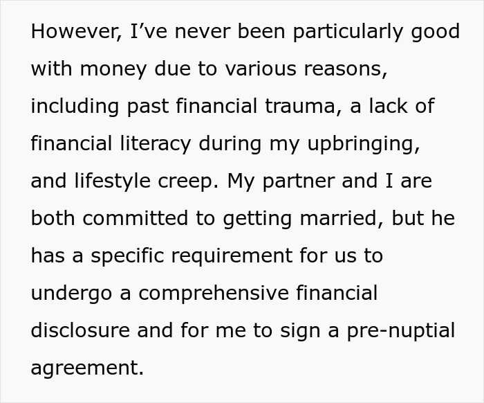 Text discussing financial struggles and a partner&rsquo;s condition for marriage involving financial disclosure and a pre-nuptial agreement.
