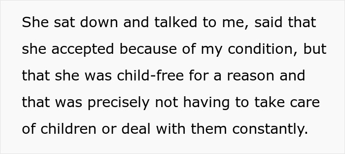 Text excerpt about a woman explaining she is child-free for a reason, avoiding babysitting and childcare responsibilities.