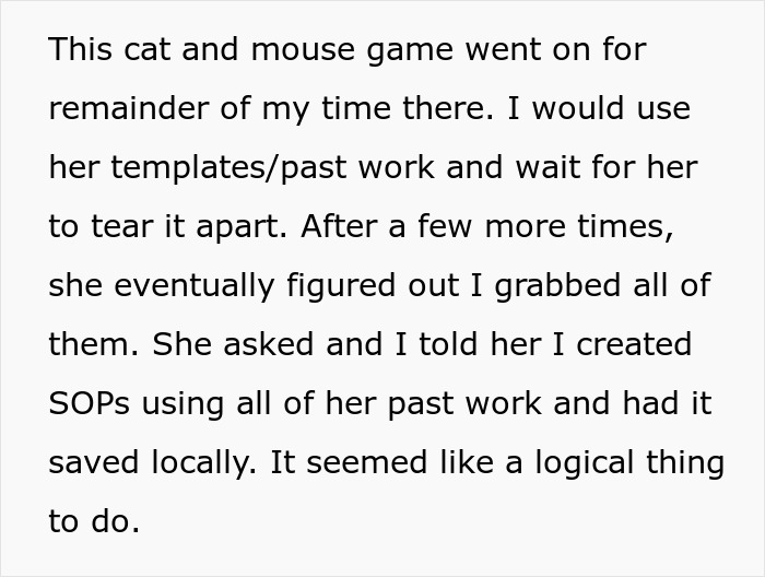 Text excerpt about a cat and mouse game involving a boss calling a report unreadable and the confusion that follows.
