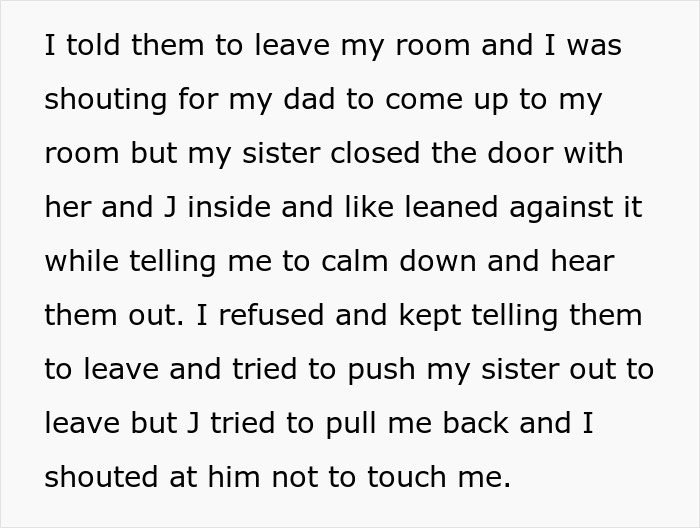 Alt text: Text describing a tense situation involving a younger sister causing trouble by blocking a door and causing conflict.