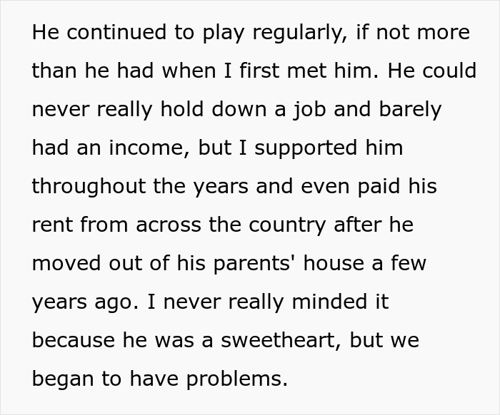 Text excerpt describing a man playing RuneScape regularly while his partner supports him despite relationship problems. - 5