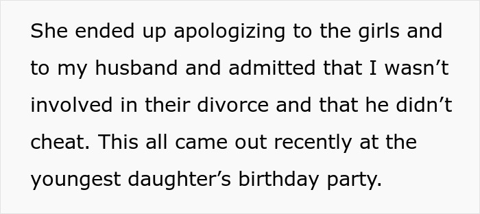 Text excerpt discussing stepdaughters apologizing and admitting cheating and broken relationship issues at a family event.