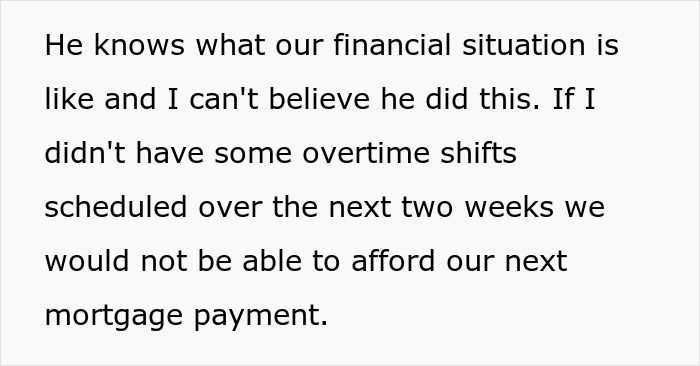 Text excerpt expressing frustration over jobless spouse draining emergency fund for essential World Cup expenses.