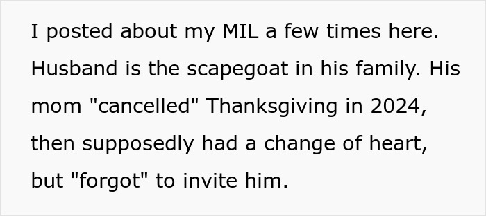 Text screenshot showing a post about MIL accusing DIL of changing him after son cuts toxic family and excludes her from wedding.