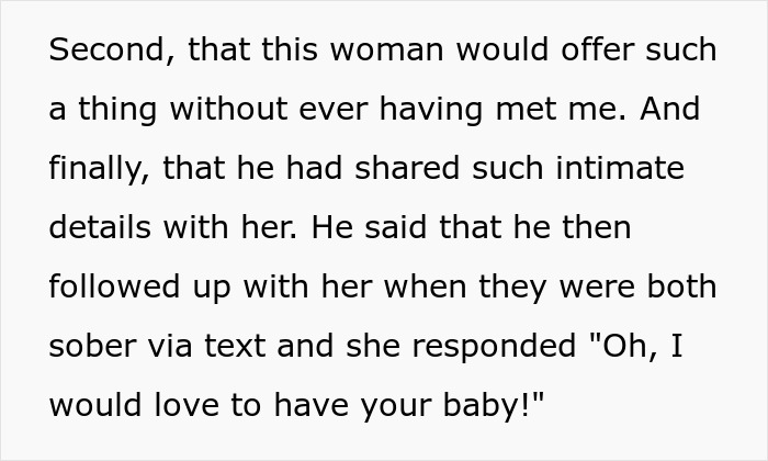 Text excerpt discussing a wife’s disgust over her husband’s baby-making plan involving a friend after infertility.
