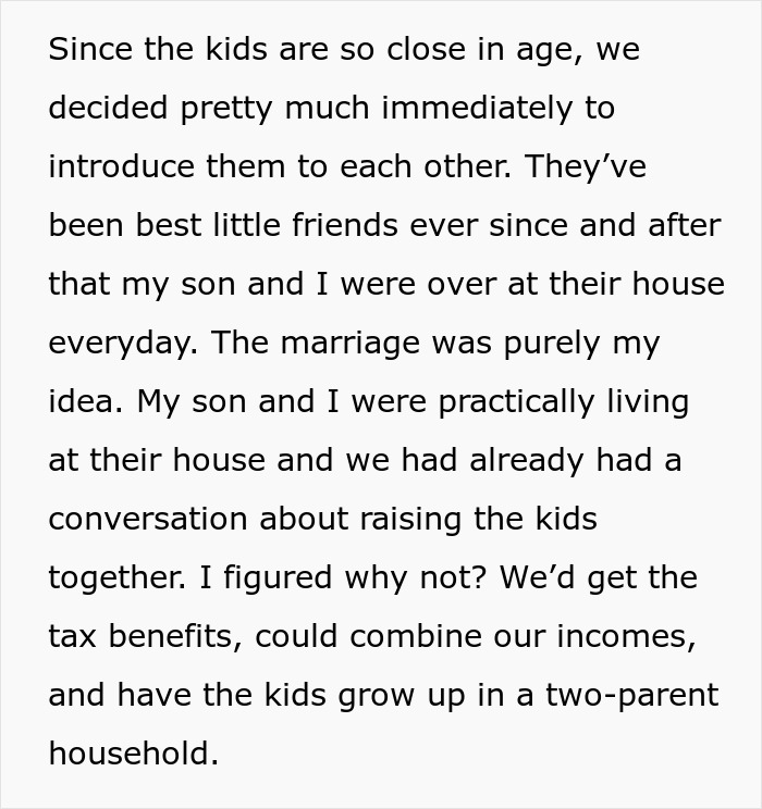 Text excerpt describing a woman marrying her high school bestie for tax benefits and family reasons, leading to unexpected feelings.