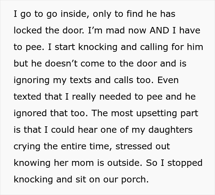 Pregnant woman locked out by bossy man in freezing weather, shivering and waiting outside while ignored inside.