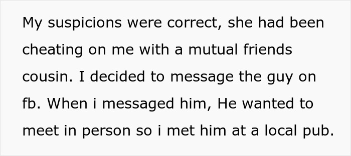 Text screenshot describing suspicions of cheating leading to a confrontation at a local pub.