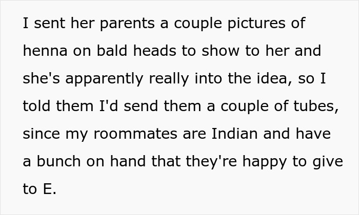 Text excerpt discussing sending henna products to friends for hair use, relating to lady eyes friend&rsquo;s long hair.