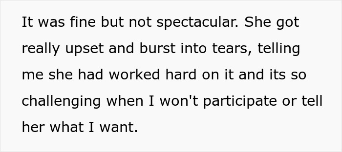 Text describing a lady who throws a big birthday party for her husband, feeling upset and in tears as he doesn&rsquo;t praise her efforts.
