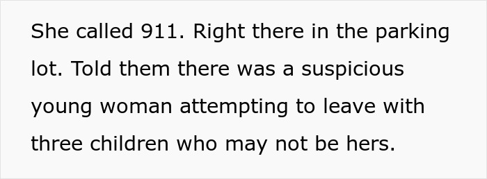 Text showing a concerned woman calling 911 in a parking lot about a young woman leaving with kids at a trampoline park.