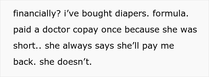 Text excerpt showing a single mom mentioning buying diapers, formula, and paying a doctor copay without reimbursement.