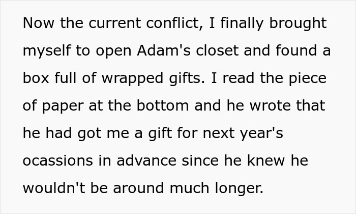 Text describing a woman discovering gifts in her late husband's closet amid conflict with his brother and his kids.