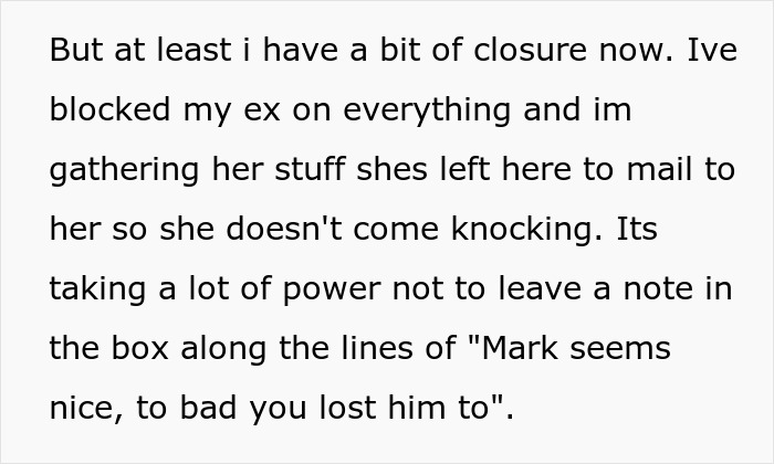 Text message from a guy explaining closure after his ex suggested an open relationship and he broke up with her immediately.
